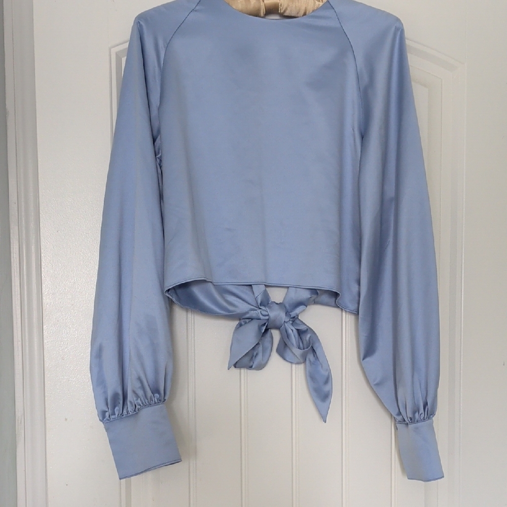 Simons Light Blue Satin Tie-Back Open Long Sleeve Blouse